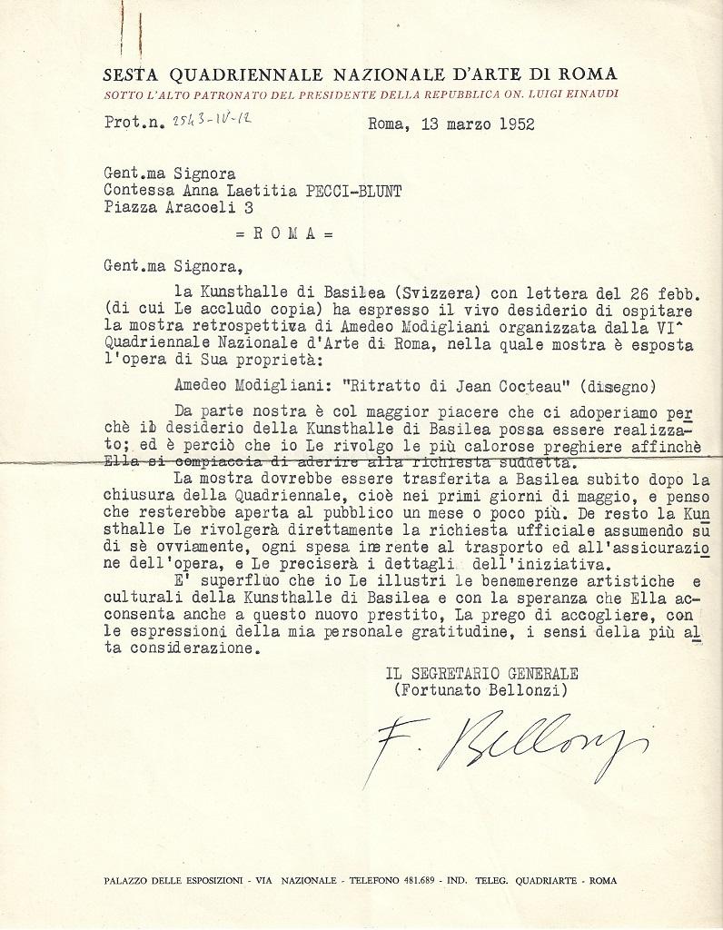 Quadriennale d'Arte di Roma est un lot composé de deux lettres dactylographiées signées par Fortunato Bellonzi, sur papier à en-tête "Quadriennale d'arte di Roma". Une page, recto seul. En italien. Comme neuf. 

En détail :
T. L.S. Rome, 13 mars