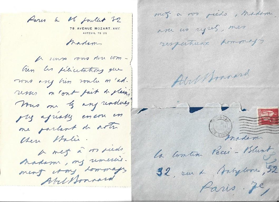 Lettres autographes confidentielles signées du poète français Abel Bonnard (Poitier, 1883-Madrid 1968) à  la comtesse I.L.A.-Blunt. 

En français. Une page, recto seulement. Sur papier à en-tête "78. Avenue Mozart.XVI" . Dans des conditions