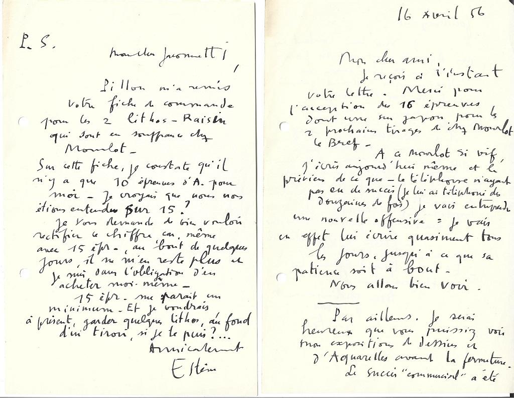 Jetez un coup d'œil à ce "Grand Pavois - Correspondance" entre Maurice Estève et Nesto Jacometti. 
Composé de trois pièces écrites en 1956, en français, parfaitement lisibles. 

En détail :
Deux lettres dactylographiées de Nesto Jacometti à M.