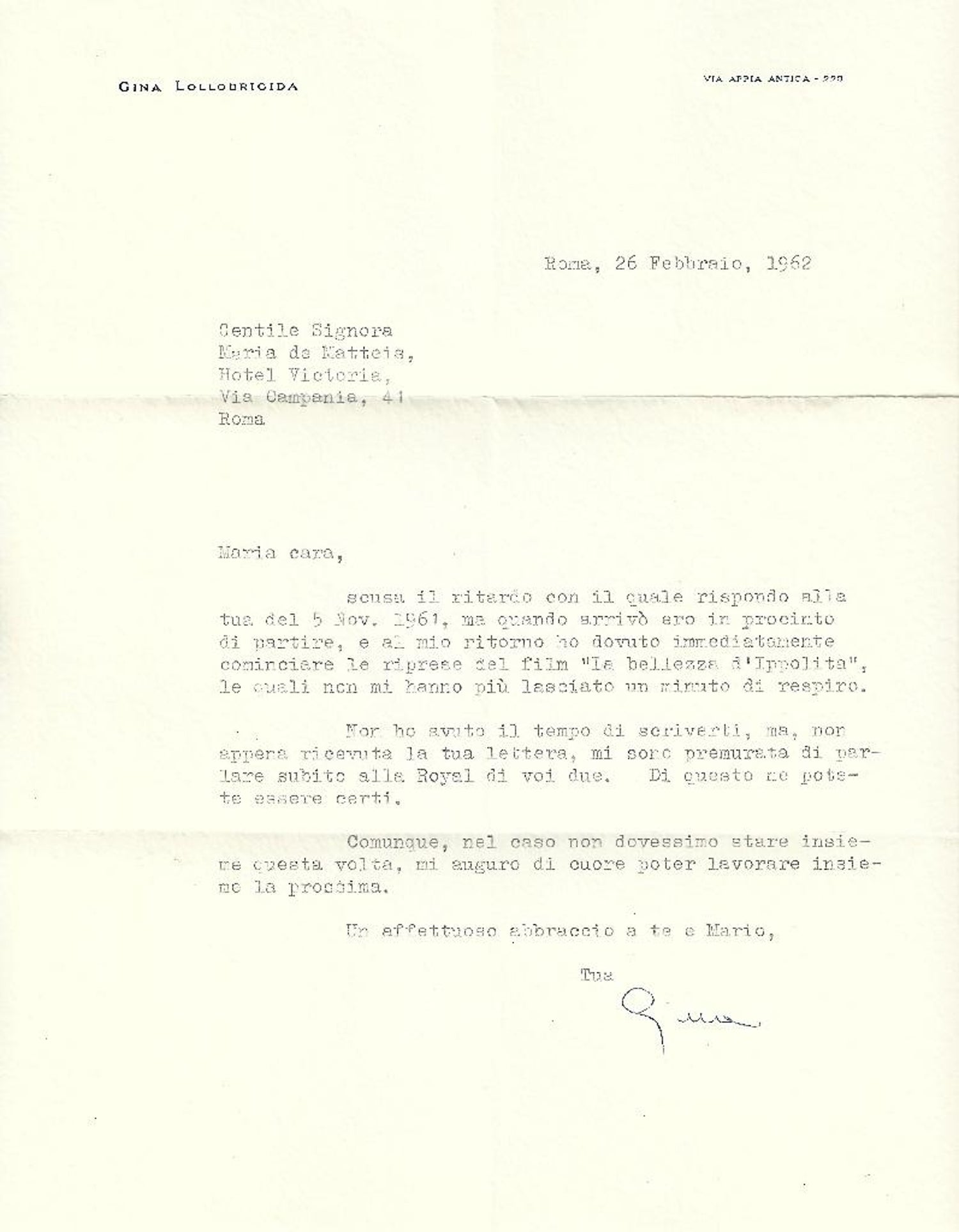Autographs (Letter and Postcard) by Gina Lollobrigida - 1962
