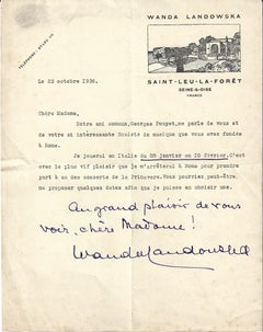 Vintage Springs Concerts - Autograph Letter by Wanda Landowska - 1936