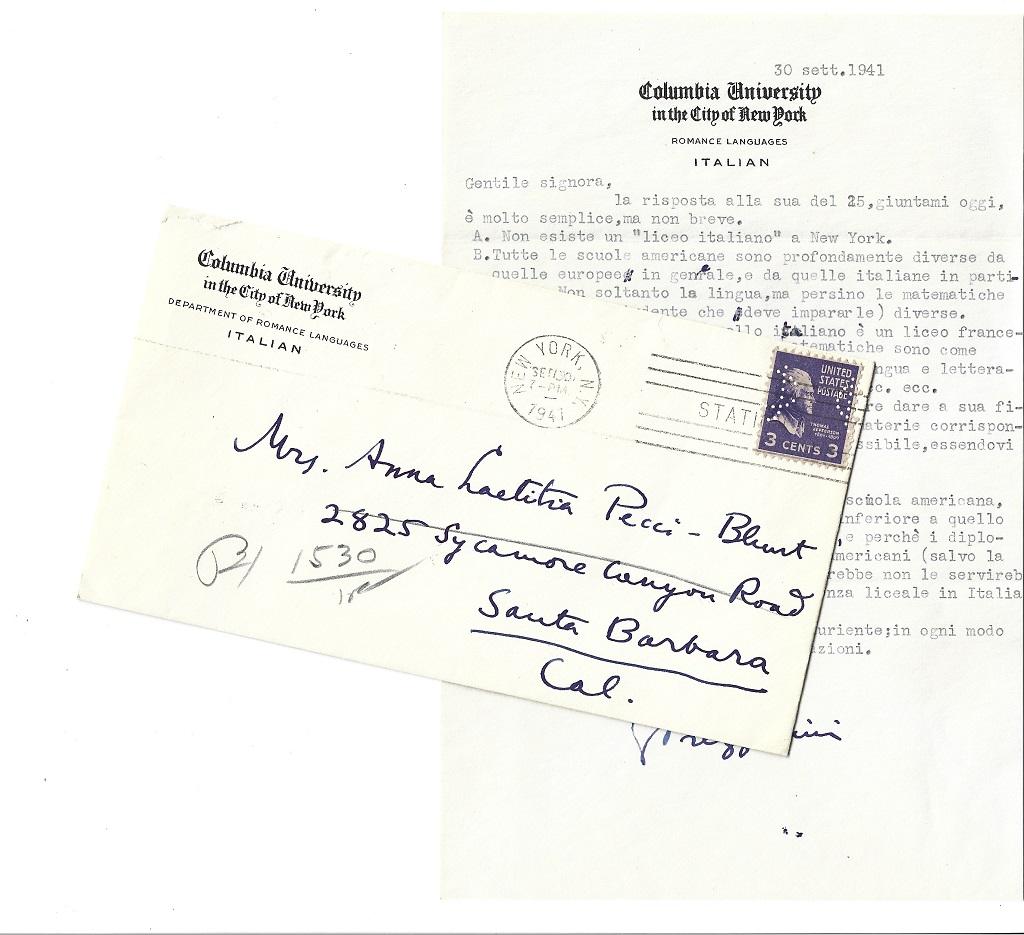 American School - Autograph by Giuseppe Prezzolini - 1941