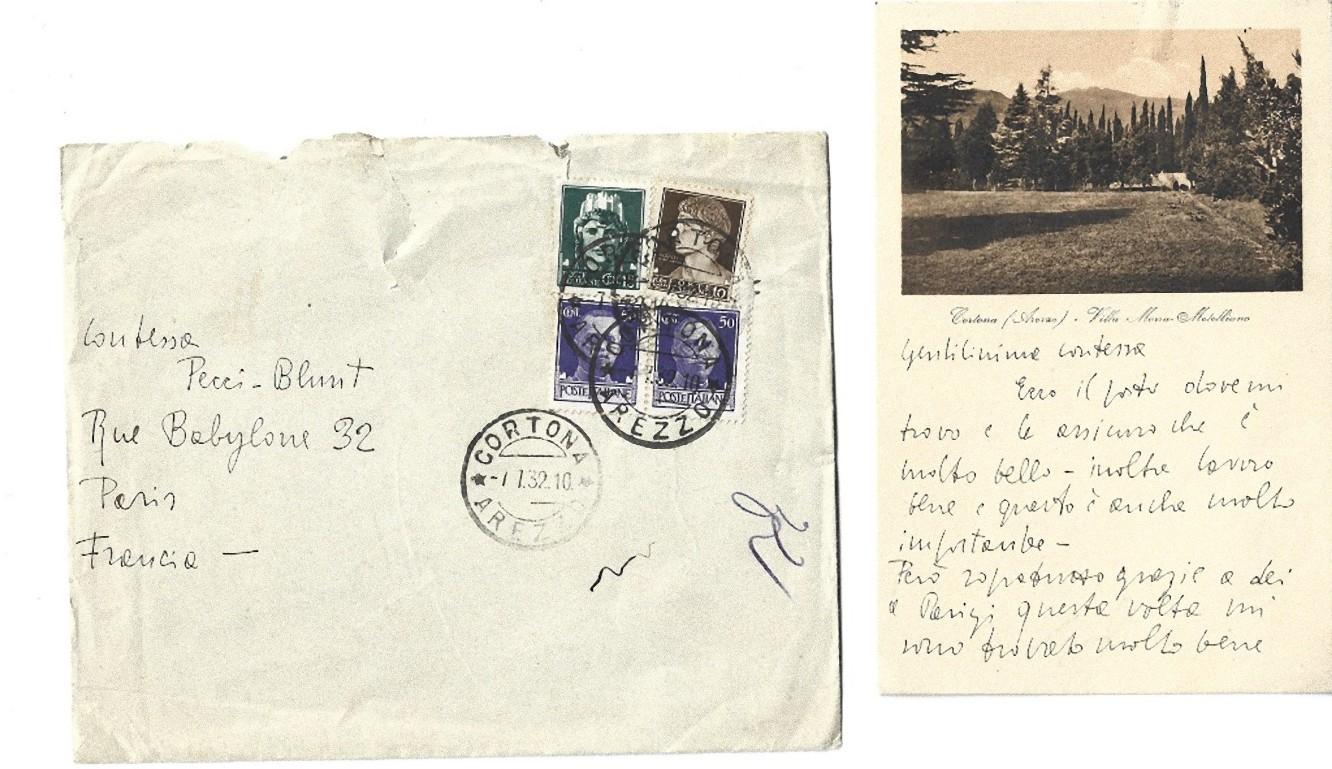 Cartolina autografa firmata da Alberto Moravia alla contessa Pecci Blunt.

Cortona, Italia, 7 luglio 1932. In italiano. Perfettamente leggibile, ottime condizioni, compresa la busta originale. 

Da Villa Morra Metelliano a Cortona, Alberto Moravia