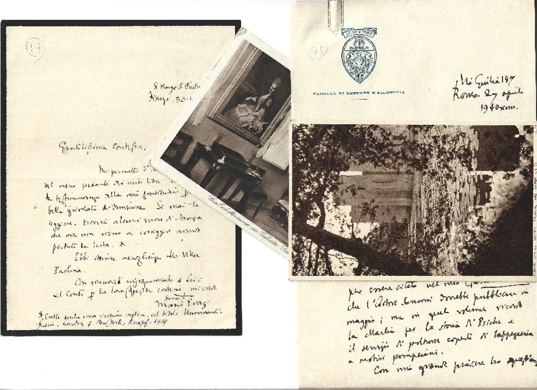Questa corrispondenza di Mario Praz alla Contessa Pecci Blunt, scritta in italiano, dal 1931 al 1940, è composta da 4 articoli, perfettamente leggibili e in ottime condizioni con buste originali incluse:

Lettera autografa firmata. Firenze, 30