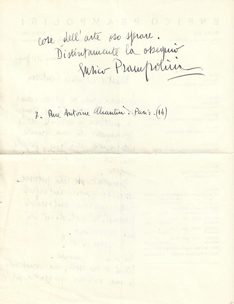 Autograph Letter by Enrico Prampolini - 1935 For Sale 1