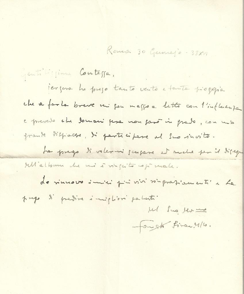 Este conjunto de autógrafos de Fausto Pirandello está dirigido a la condesa Pecci-Blunt y a Silvio Perina, 

Escrito en italiano, de 1938 a 1957, se compone de 9 artículos, perfectamente legibles y en excelentes condiciones.

Carta autógrafa de