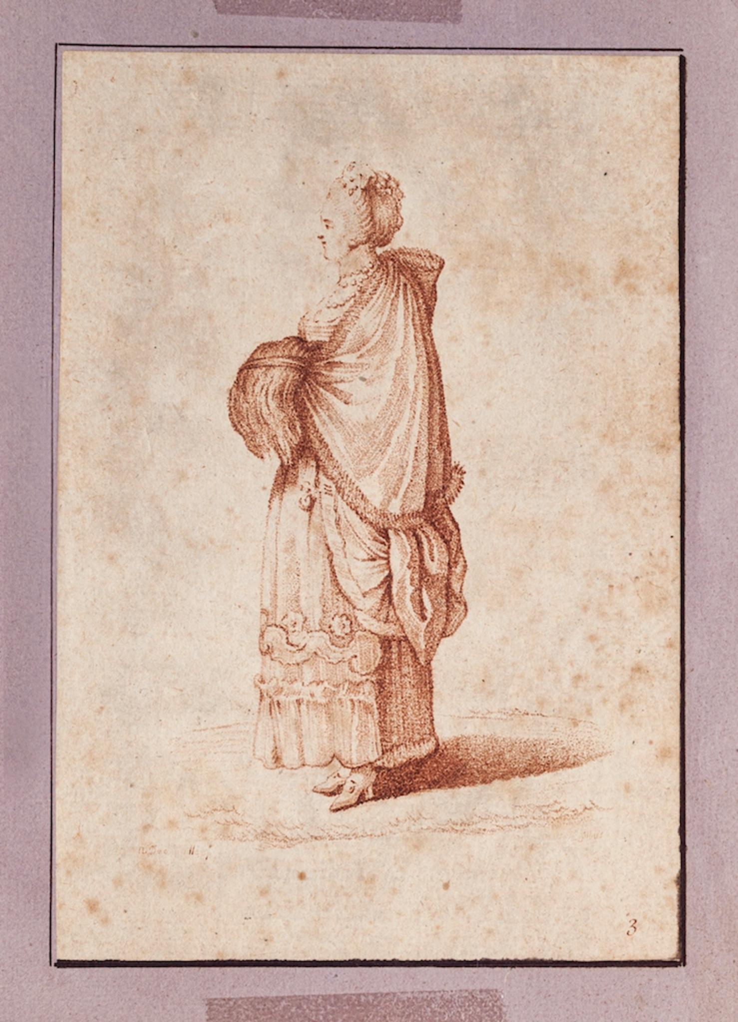 Unknown Figurative Art – Figur der Frau – Original-Tinte-Zeichnung  – 18. Jahrhundert