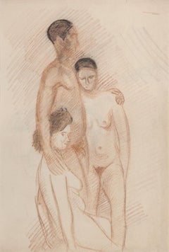 Antique Three Nudes - Original Pastel - Early 20th Century