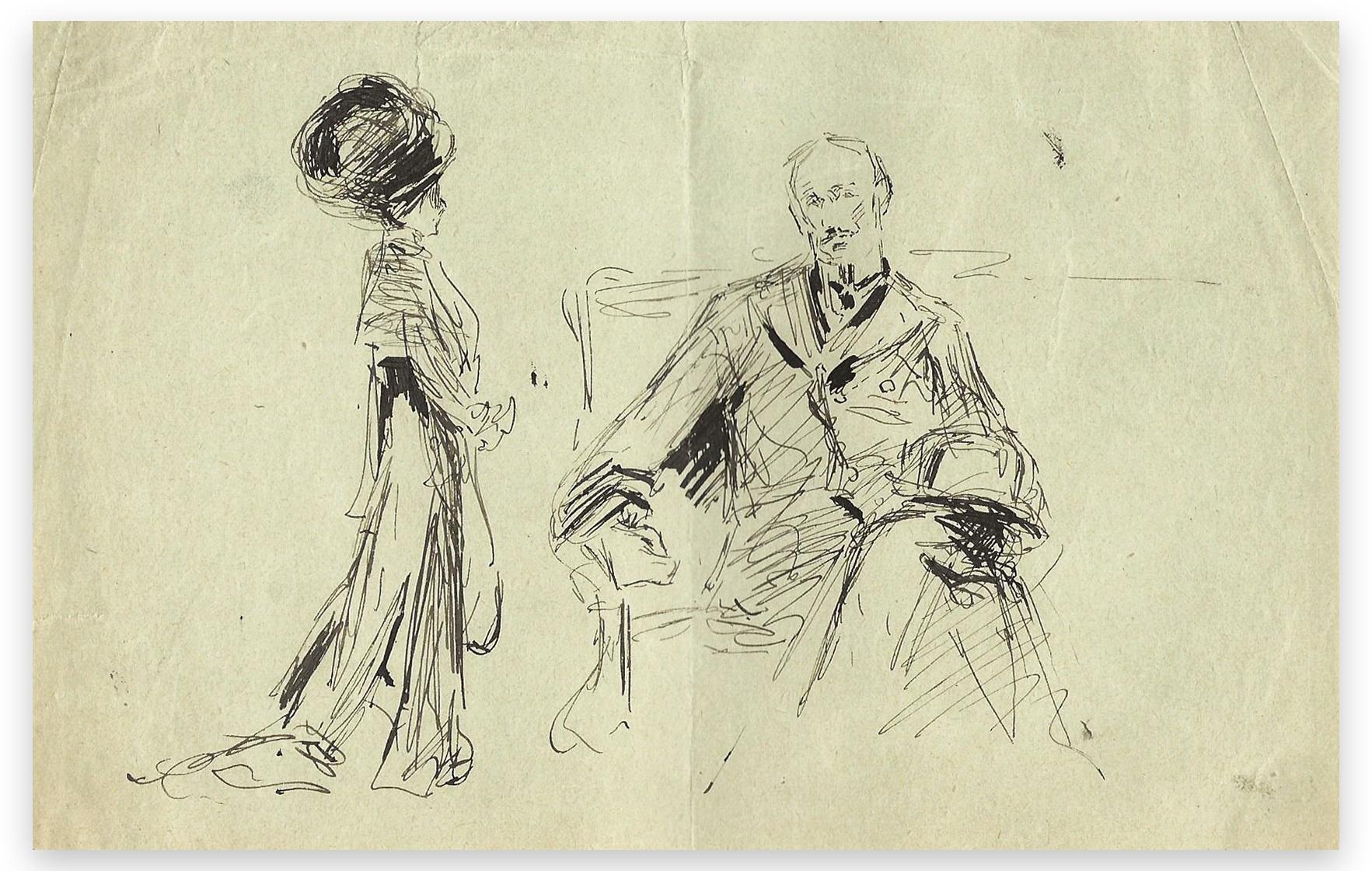 Man seated and woman with hat standing is an original artwork realized by Elie Anatole Pavil (1873-1948).

Original china ink drawing on paper. Image Dimensions: 13.5 x 21 cm

The state of preservation is good.

Unsigned. Sheet pasted on cardboard.