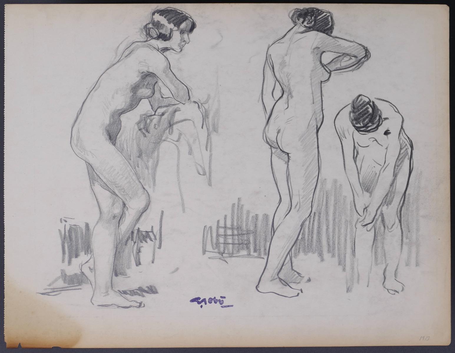 Three Studies of a Woman in Movement - Charcoal by G. Gôbo - Early 20th Century