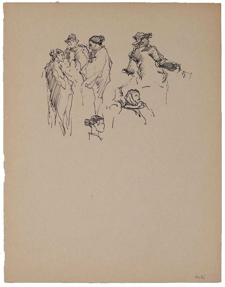 Figurative Art di Georges Gobo - Sei personaggi e perline in piedi - Disegno a inchiostro di Georges Gôbo - Inizio 1900