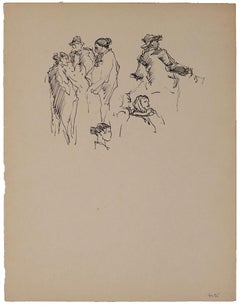Six Standing Characters and Beads - Ink Drawing by Georges Gôbo - Early 1900