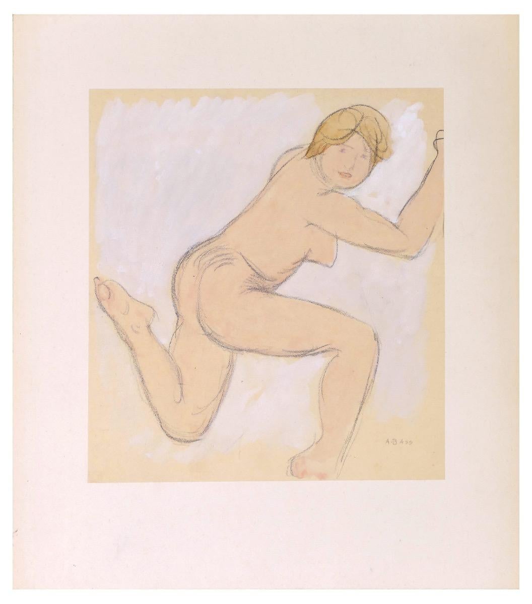 Nackte Frau auf dem Rücken liegend ist ein mit Originalaquarell gemaltes Original von Anna Bass (Strasbourg 1876 - Paris 1961) aus der ersten Hälfte des 20. Jahrhunderts. 

Das Kunstwerk stellt ein weibliches Aktporträt dar.

Vom Künstler am unteren