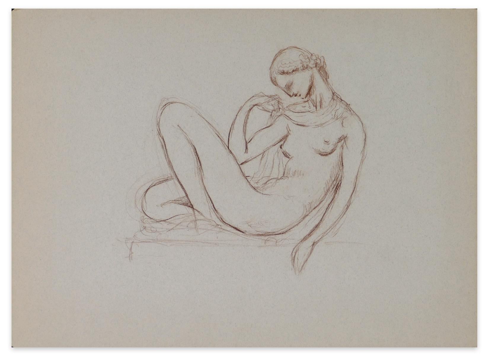 Nude Paul Vera - Femme nue allongée - dessin original au crayon par Paul Vra - début du XXe siècle