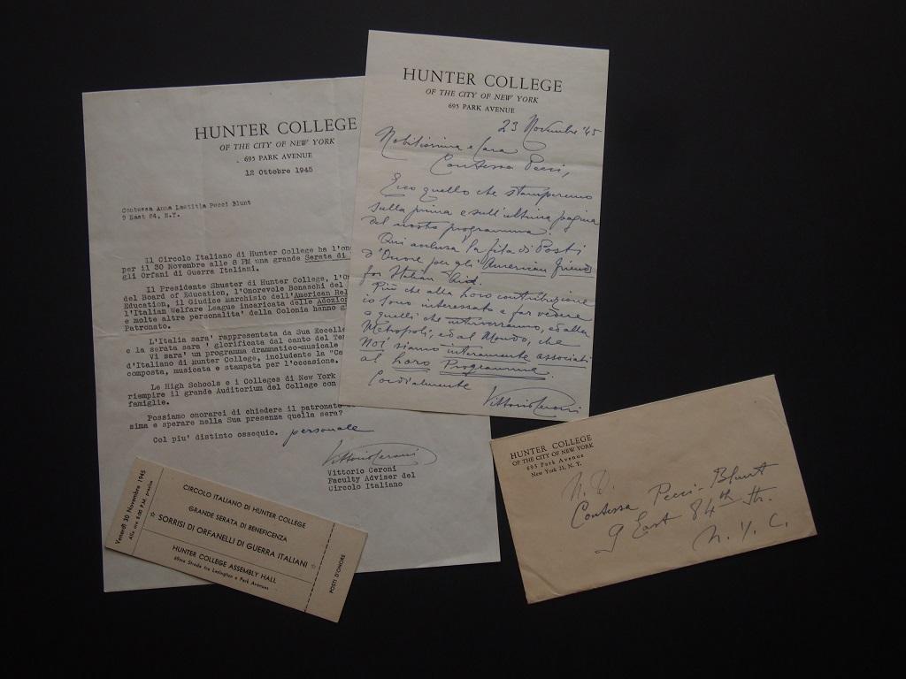 This lot, concerning the Hunter College's Benefit Evening, consists of three items  written in Italian and English, in 1945, by Vittorio Ceroni Gonzaga, Faculty Adviser of Italian Club and after Professor of Romance Languages at the Hunter College