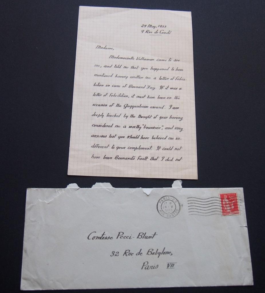 Autograph Letter Signed by Glenway Wescott to the Countess A.L. Pecci Blunt

Paris, May 24th 1933. In English. One page, double-sided. In excellent condition, perfectly readable, including original envelope.

This is a greeting letter between the