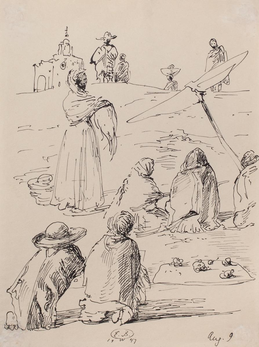 Eugene Berman Figurative Art - The Trip to Mexico - Pen Drawing by Eugène Berman  - 1947