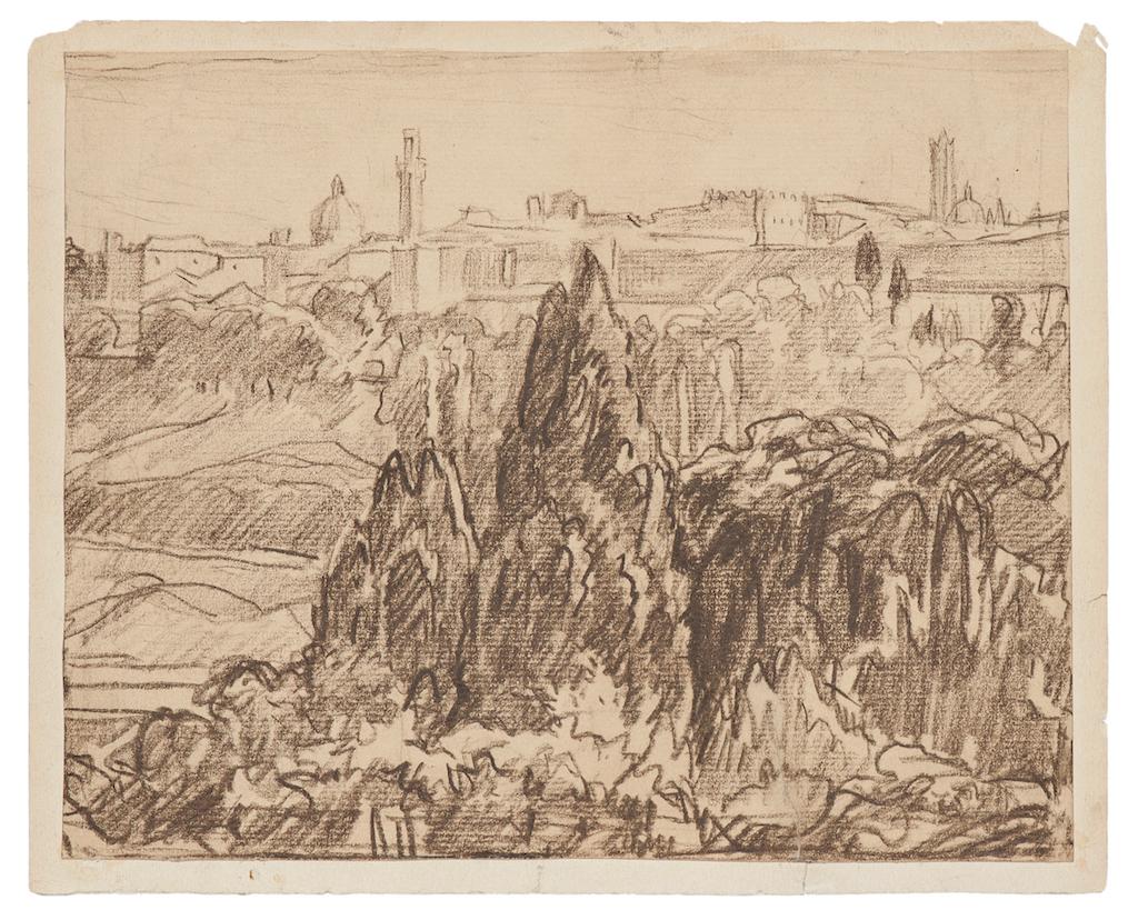 Landschaftslandschaft – Kohlezeichnung auf Papier von R. Santerne, frühes 20. Jahrhundert