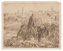Landscape - Original Charcoal Drawing on Paper by R. Santerne-Early 20th Century
