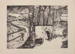 Landscape - Original Etching on Paper by David Rouviere - Mid-20th Century