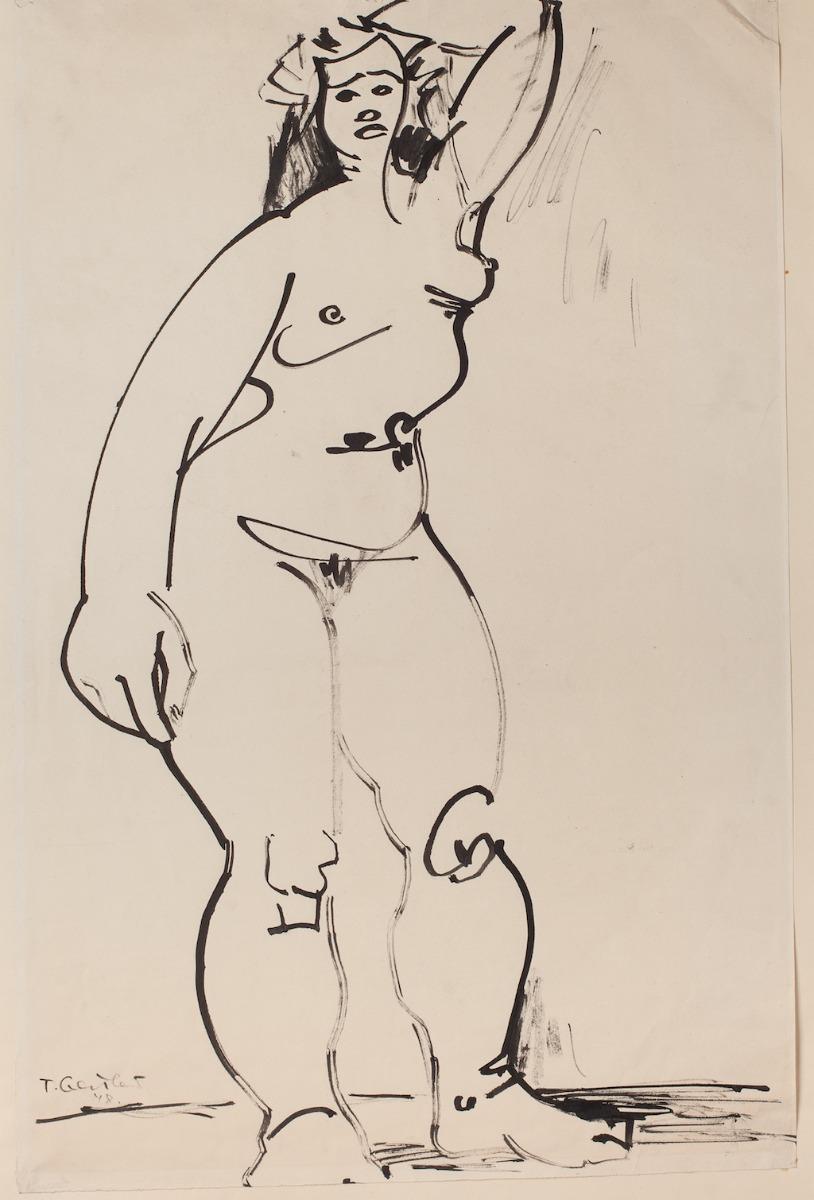 Nude - Original Black Marker Drawing by Tibor Gertler - 1947