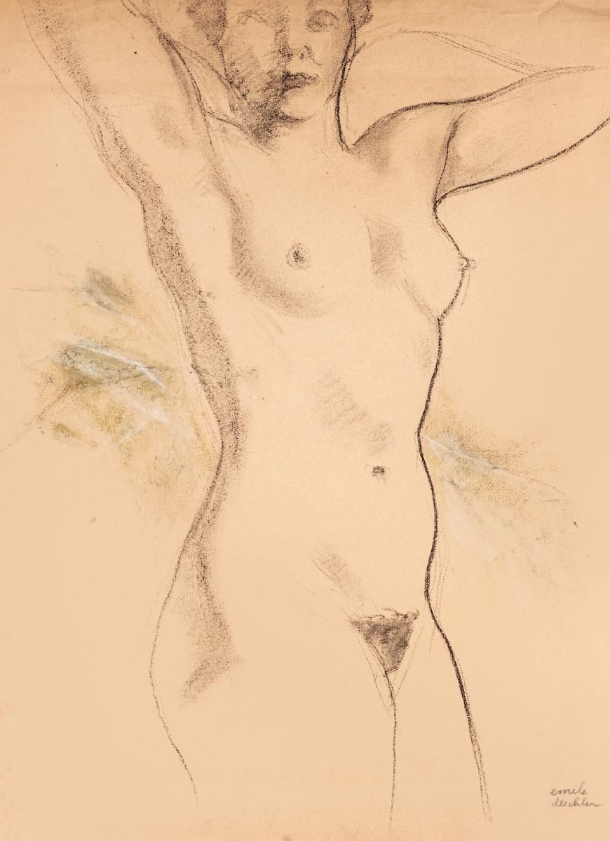 Nude - Original Charcoal Drawing by Emile Deschler - 1986