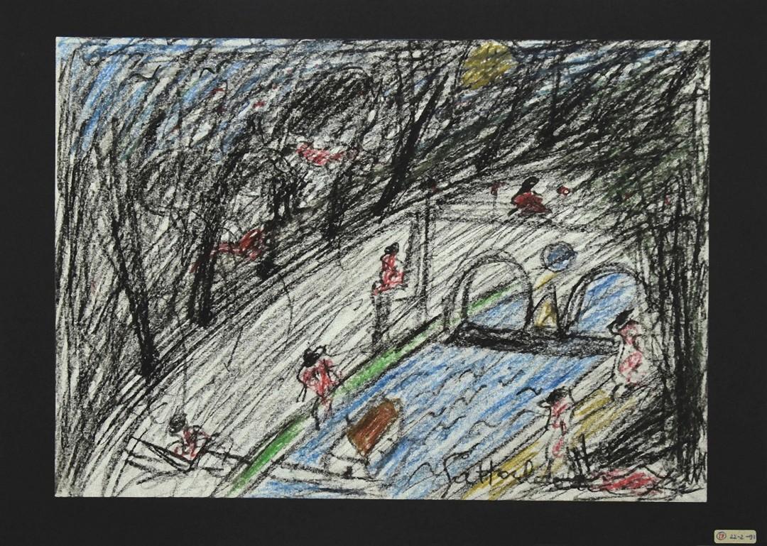 Bathers on the Tiber - Oil Pastels on Paper by N. Gattamelata - 1970s