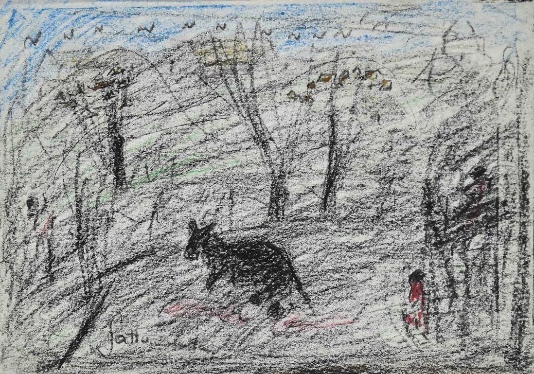 Nazareno Gattamenata Landscape Painting - Landscape with Animals - Original Drawing by Nazareno Gattamelata - 1970s