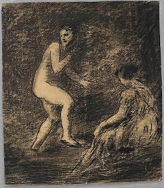 Antique Nudes in the Woods - Pencil and Charcoal - 19th century
