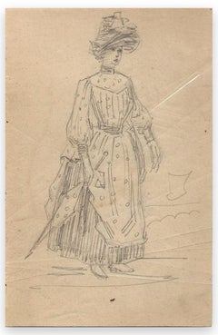 Jeune femme avec un parapluie - dessin original au crayon de George Auriol - années 1890