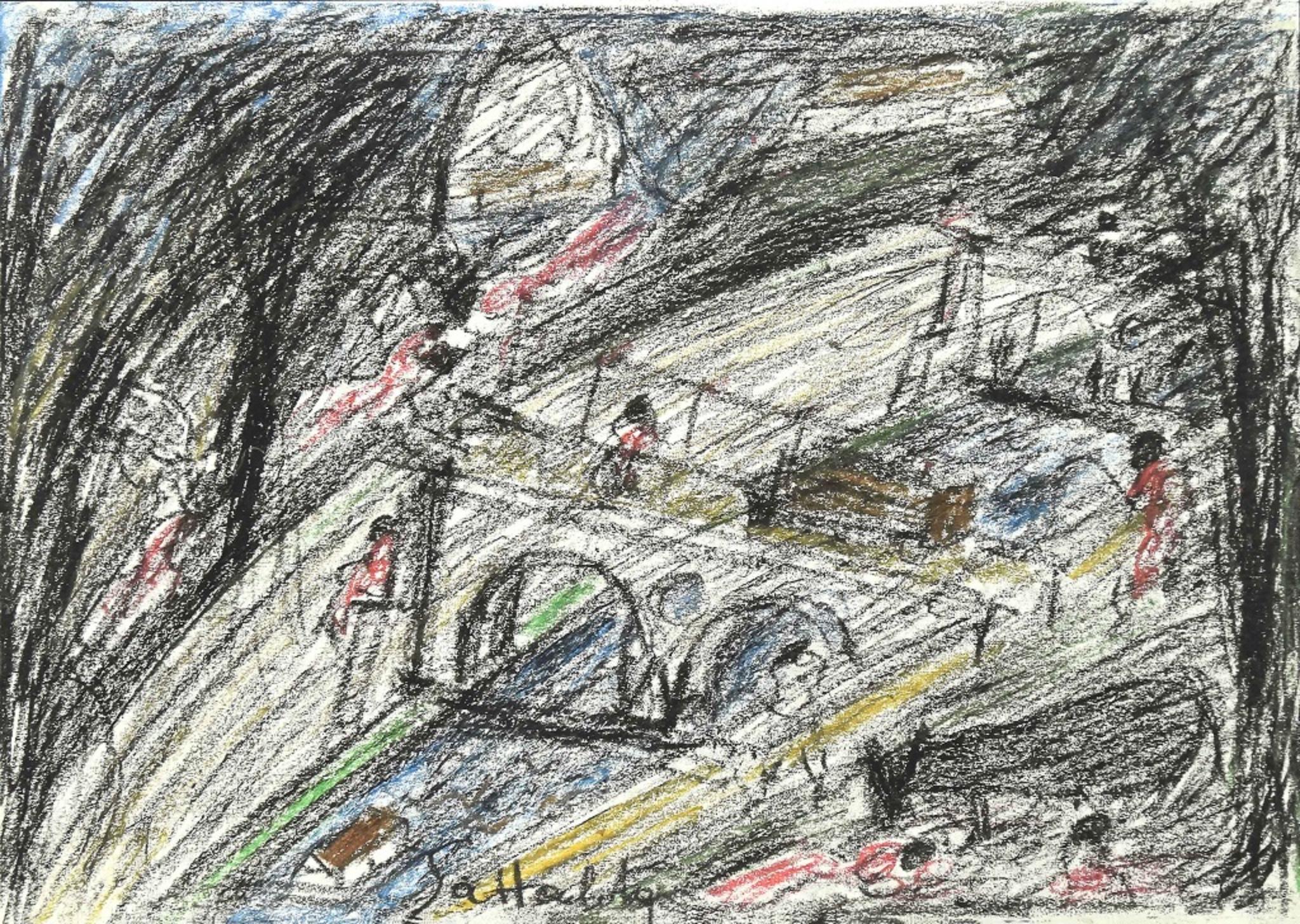 Landscape Art de Nazareno Gattamenata - Tíber y desnudos - Pasteles al óleo originales de Nazareno Gattamelata - Años 70
