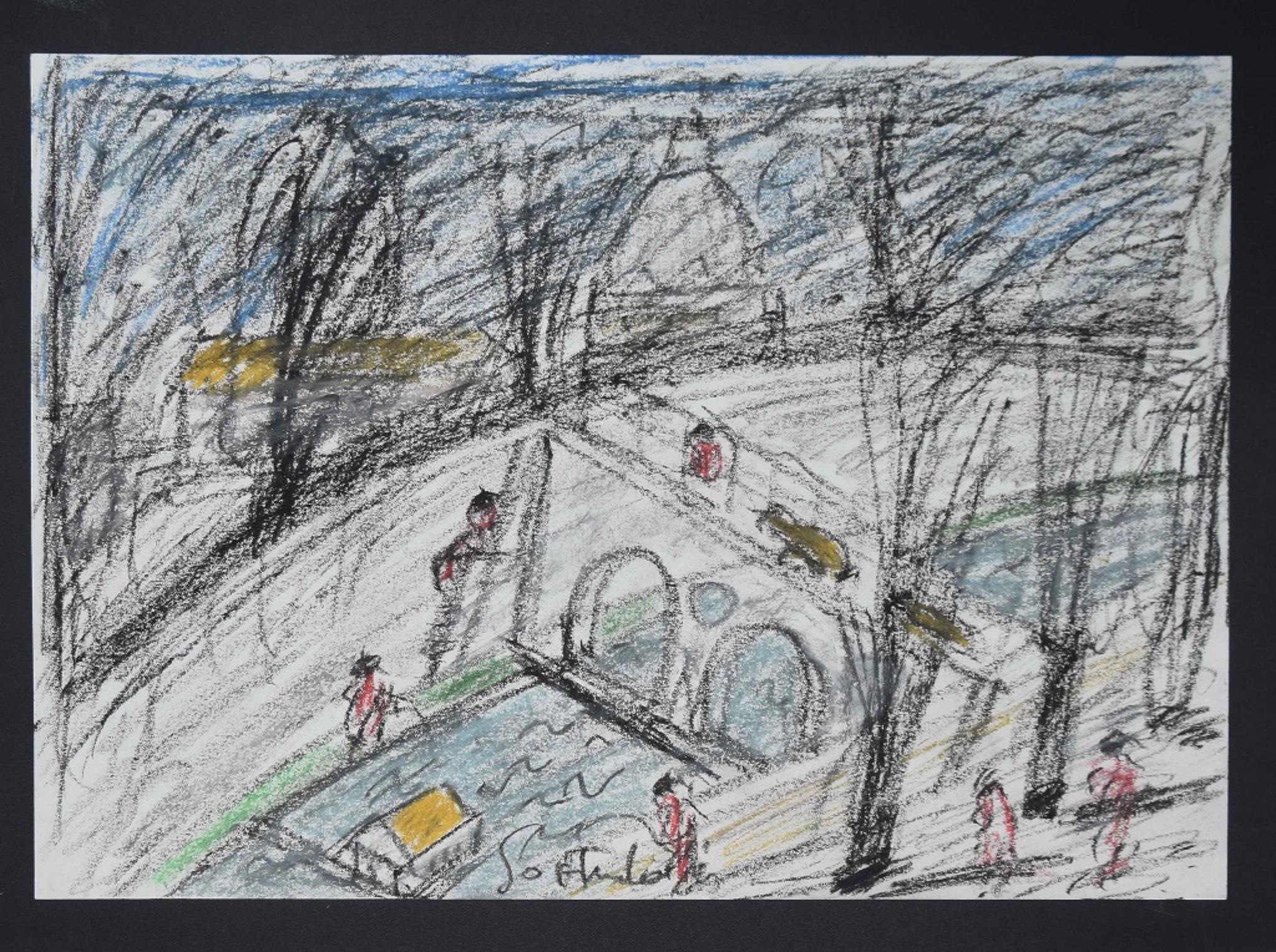 Nazareno Gattamenata Landscape Art – Bridge - Original Öl Pastells von Nazareno Gattamelata - 1970er Jahre