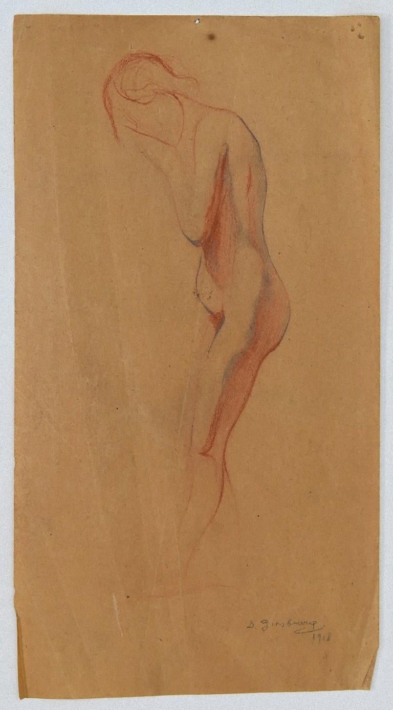 Figure de femme - Crayon et pastel d'origine de D. Ginsbourg - 1916 - Art de Daniel Ginsbourg