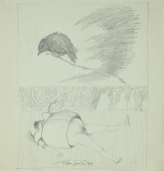 Le gardien - dessin original sur papier d'origine - 1970