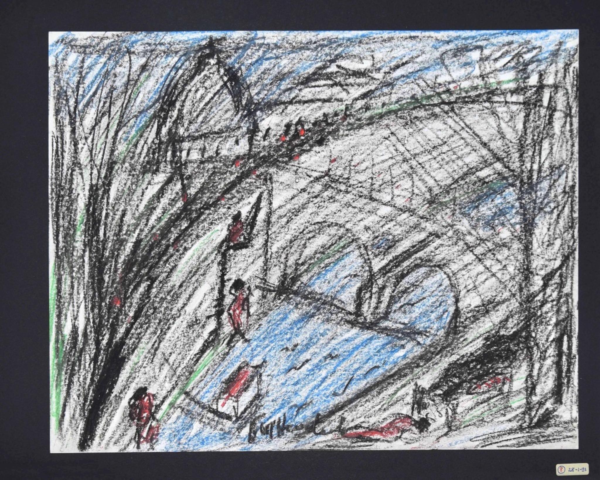 Nazareno Gattamenata Landscape Art – Bathers in Rome - Original Ölpastells von Nazareno Gattamelata - 1970er Jahre