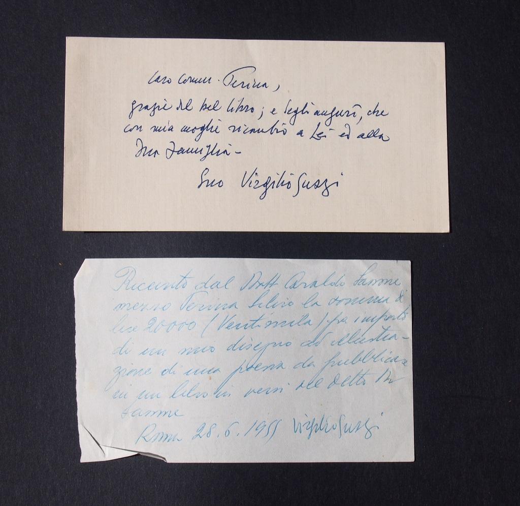 This set is composed of Two Autographs Signed by Virgilio Guzzi, addressed to Silvio Perina, the director of the C.I.M, Roman warehouses, during the Fifties.

Excellent condition, perfectly readable.

Autograph Receipt Signed. Rome, June 28th 1955.