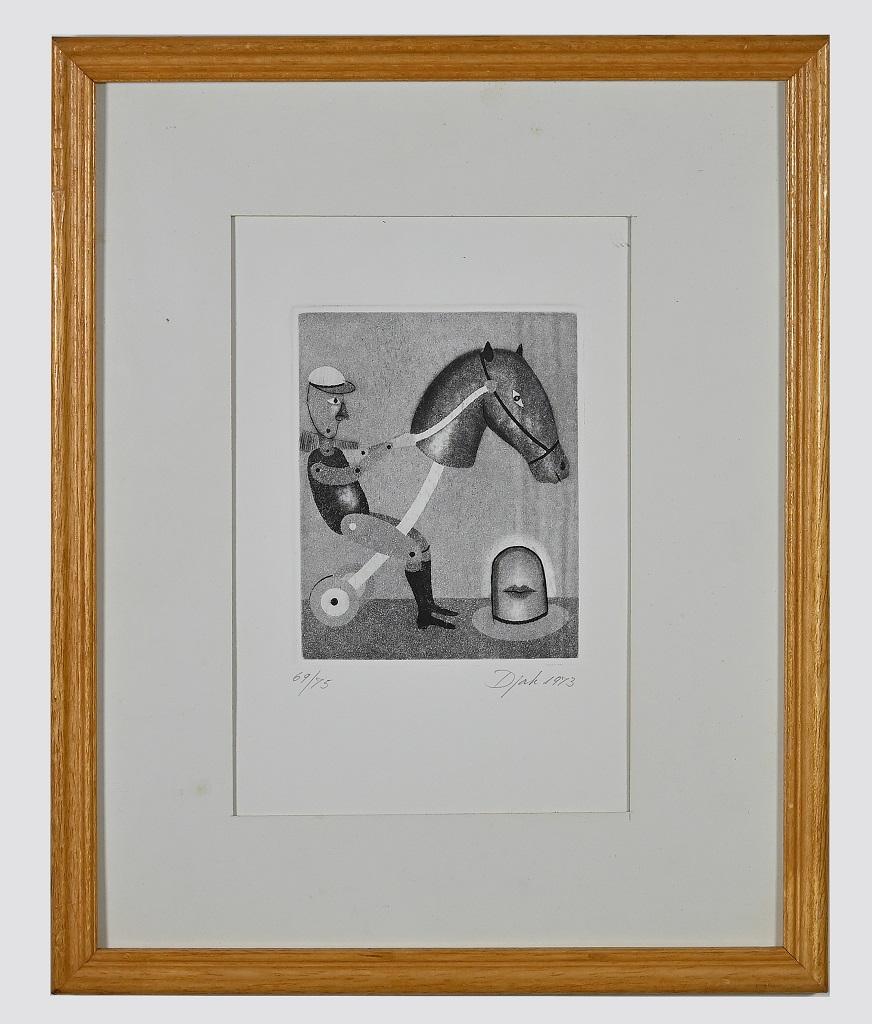 Rocking horse is an original Artwork realized in 1973 by Zivko Djak (1942-2011).

Original black and white etching

Good conditions.

Includes frame: 32 x 1.5 x 26 cm

Hand signed and dated on the lower right margin

Numbered on the lower left.