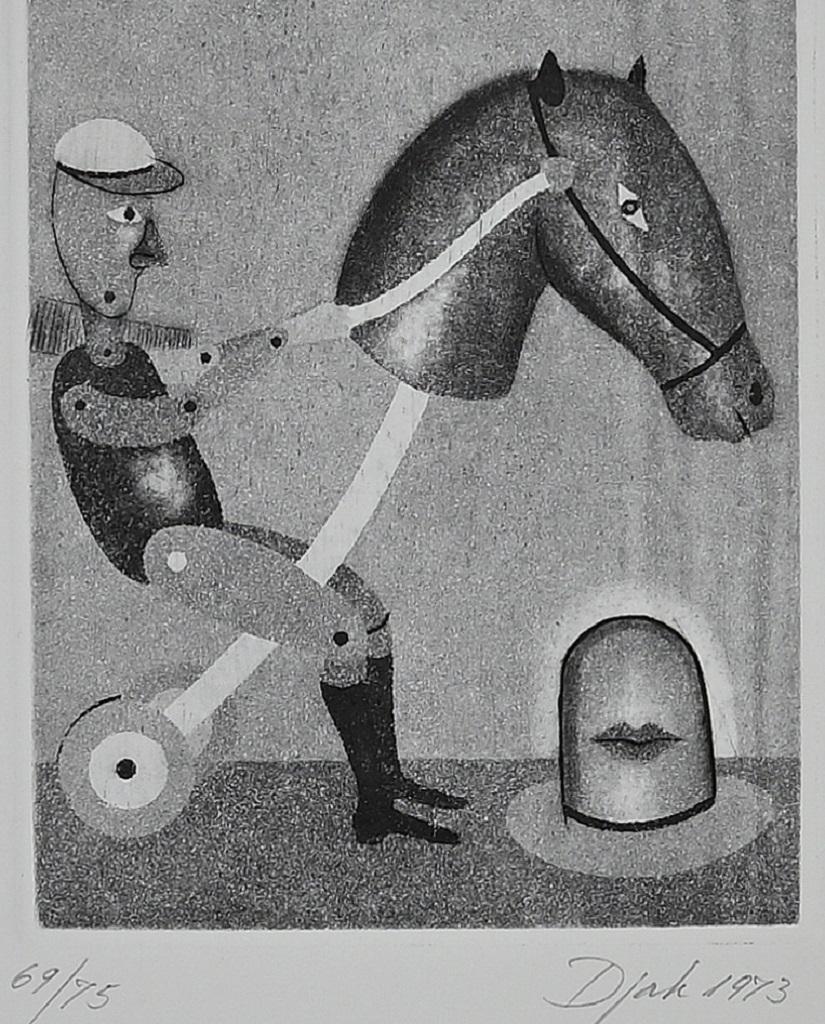 Rocking horse is an original Artwork realized in 1973 by Zivko Djak (1942-2011).

Original black and white etching

Good conditions.

Includes frame: 32 x 1.5 x 26 cm

Hand signed and dated on the lower right margin

Numbered on the lower left.