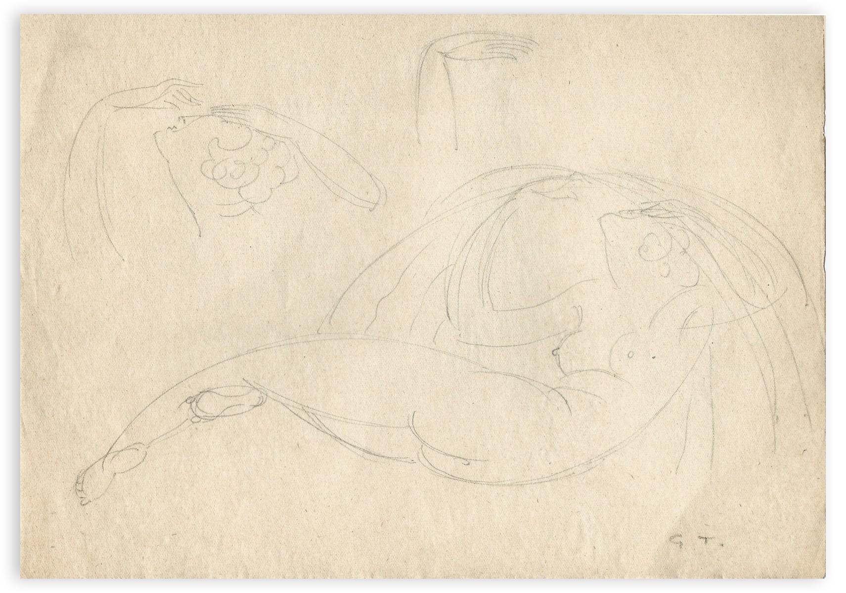 Georges-Henri Tribout Figurative Art - Naked Woman and Head - Original Drawing by G.-H. Tribout - Mid 20th Century