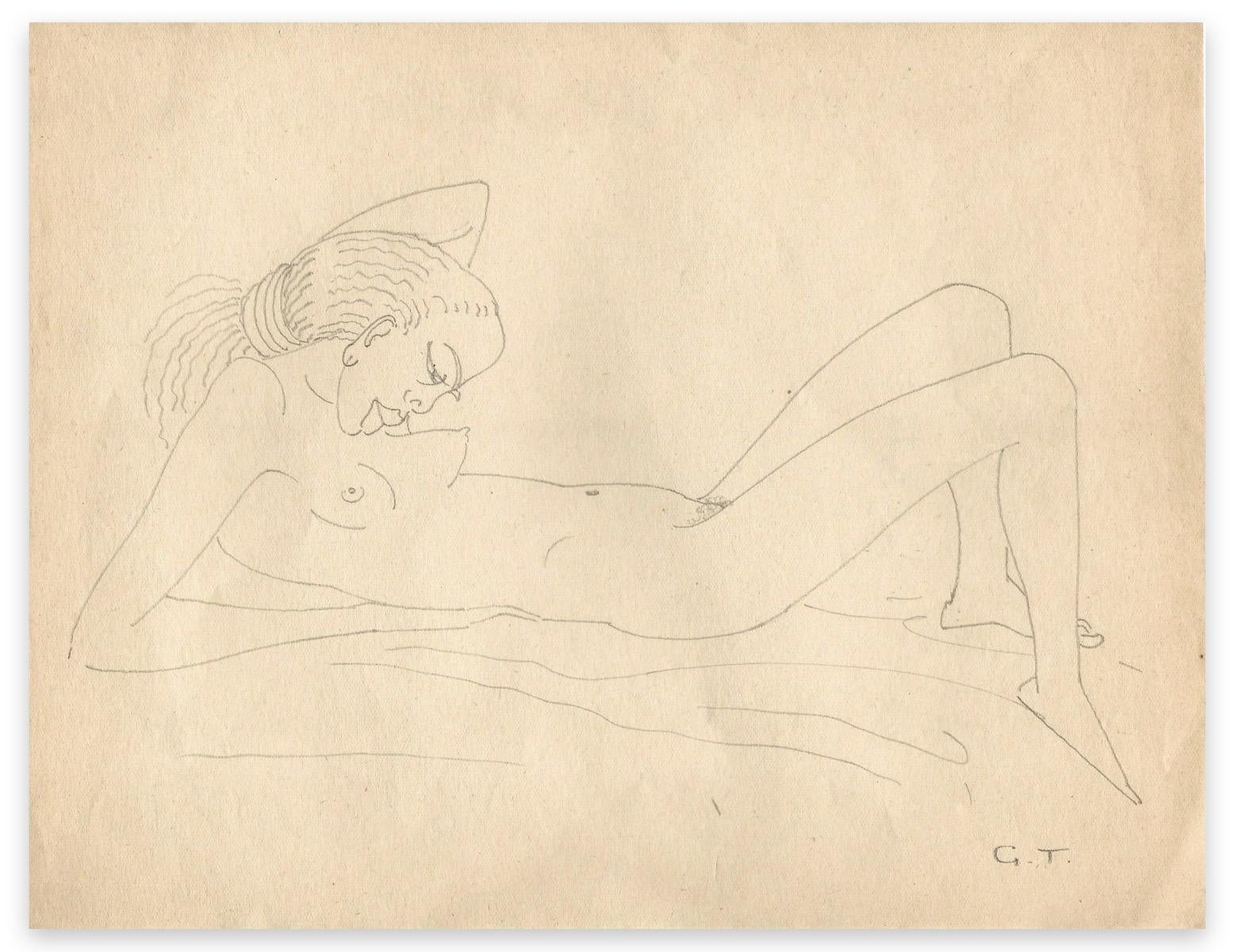 Une femme nue allongée - dessin original de George-Henri Tribout - milieu du 20e siècle