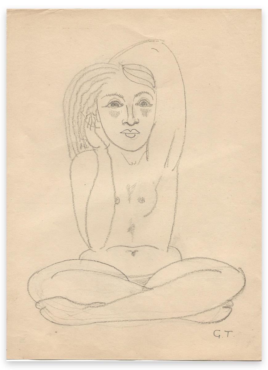 Sitzende nackte Frau – Zeichnung von George-Henri Tribout – Anfang des 20. Jahrhunderts
