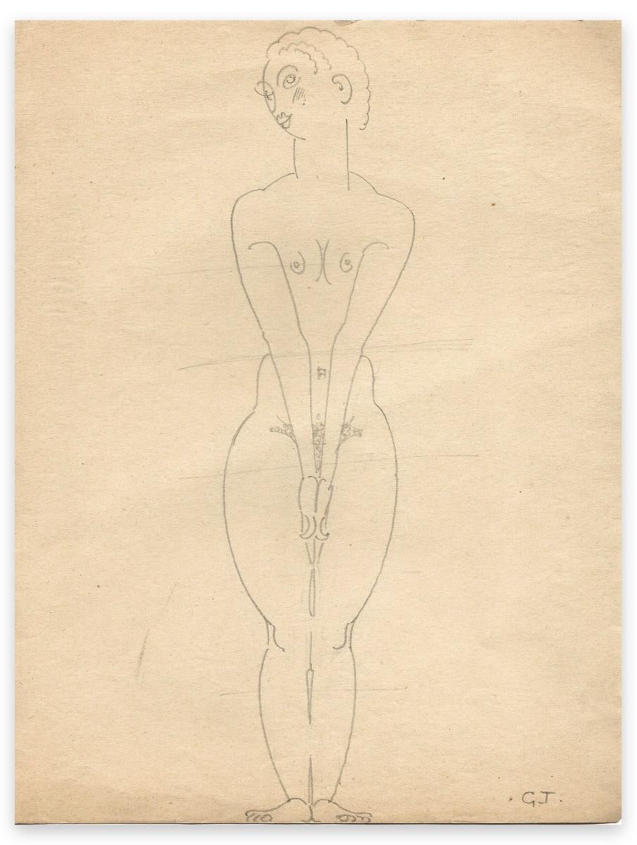 Naked Woman Standing - Drawing by George-Henri Tribout - Early 20th Century