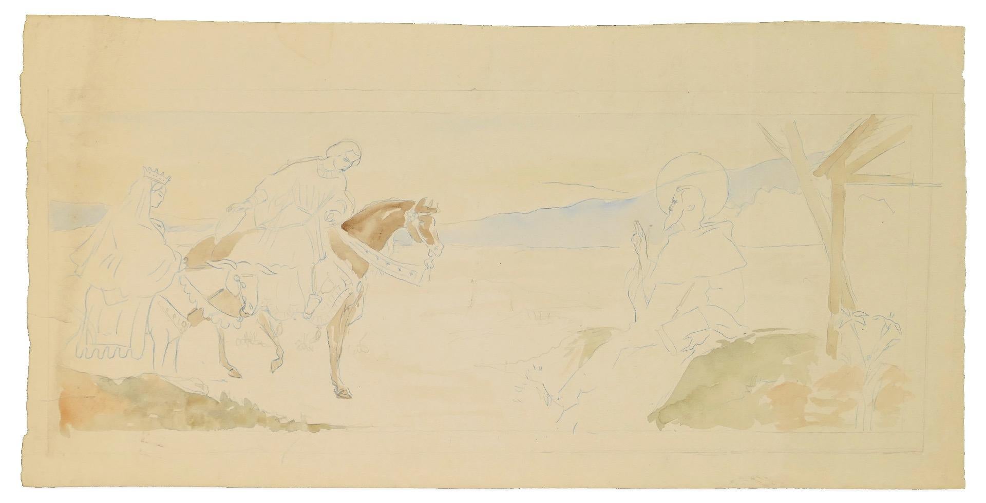 Georges-Henri Tribout Figurative Art - Marie and Joseph on Horseback - Drawing by G.-H. Tribout - Early 20th Century