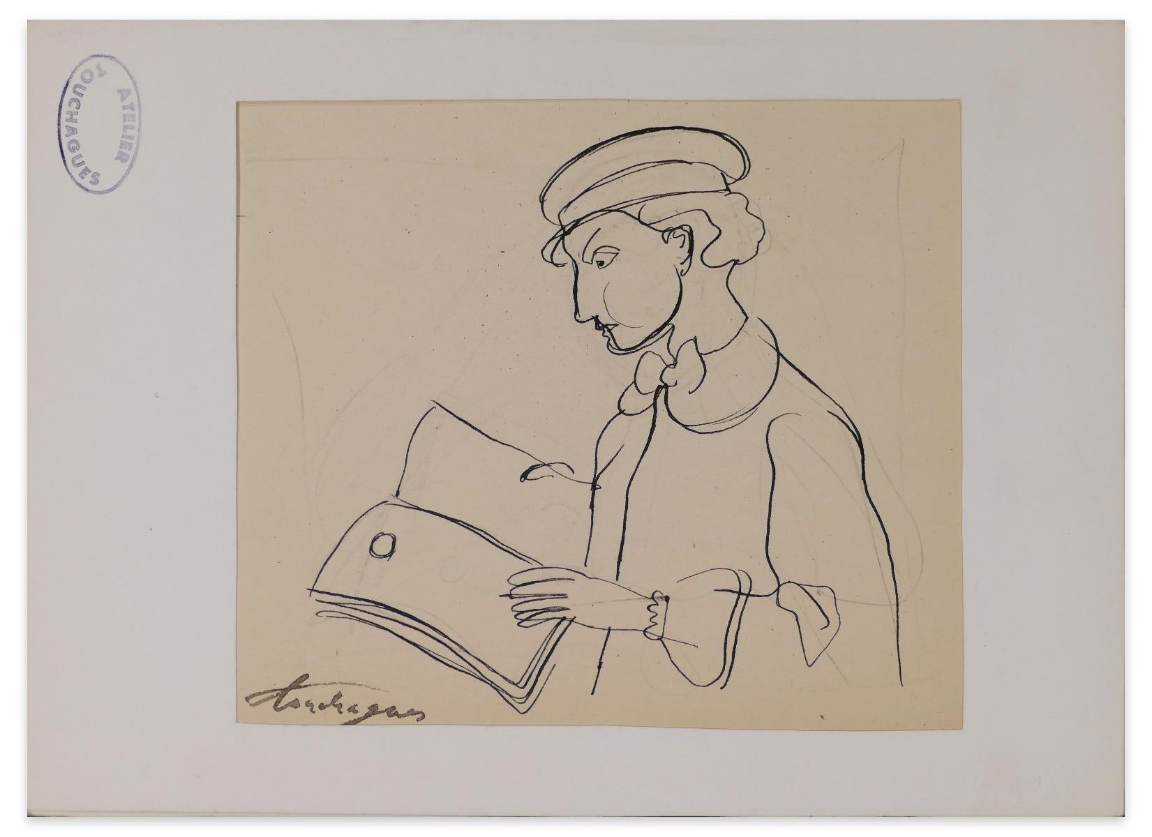 Louis Touchagues Figurative Art - Man Reading - Original Ink Drawing on Paper - Mid-20th Century