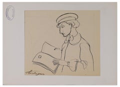 Man Reading - Original Ink Drawing on Paper - Mid-20th Century