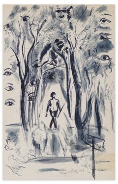 Car on the Road - Original Ink and Watercolor on Paper - Mid-20th Century