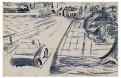 Car on the Road - Original Ink and Watercolor on Paper - Mid-20th Century