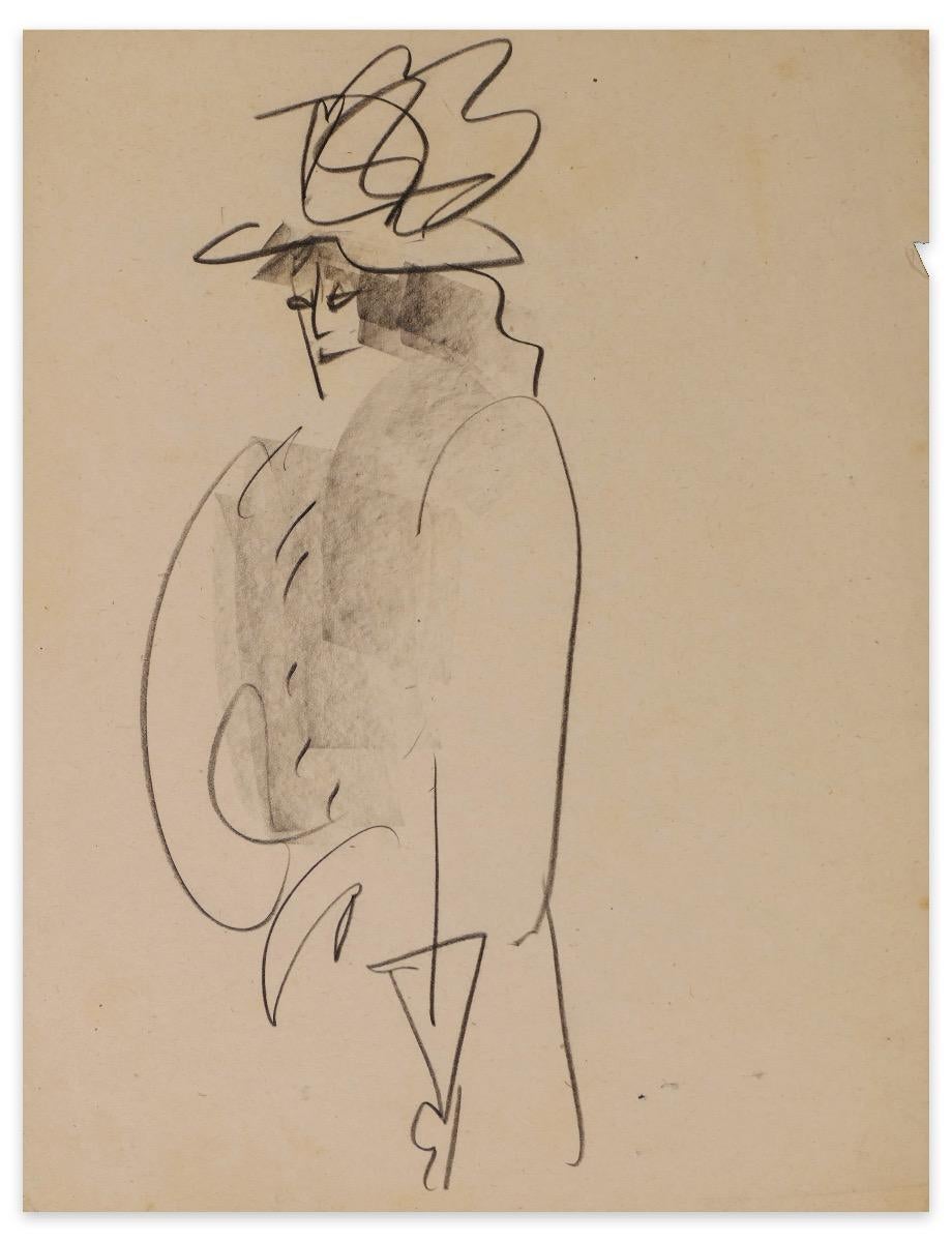 Louis Touchagues Figurative Art - Woman with Coat and Hat - Original Ink Drawing on Paper - Mid-20th Century
