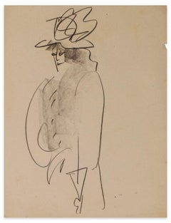 Mujer con abrigo y sombrero - Dibujo original en tinta sobre papel - Mediados del siglo XX
