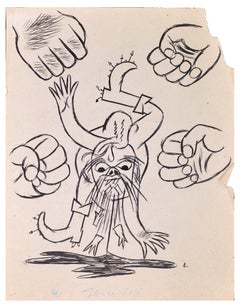 Vintage Four Fists - Original Ink Drawing on Paper - Mid-20th Century